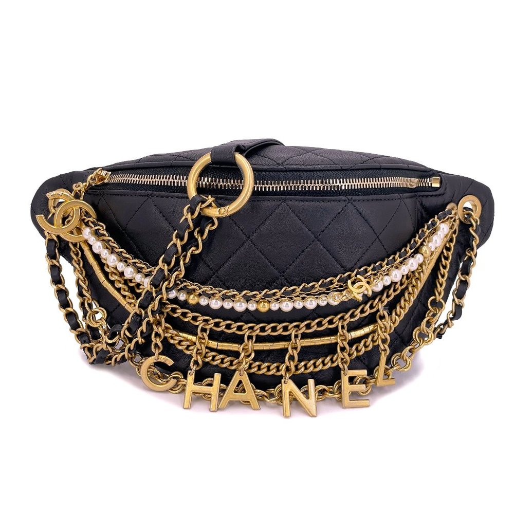 AUTH NEW CHANEL 2019 ALL ABOUT CHAINS Waist Bag Lambskin Bag Purse Handbag
